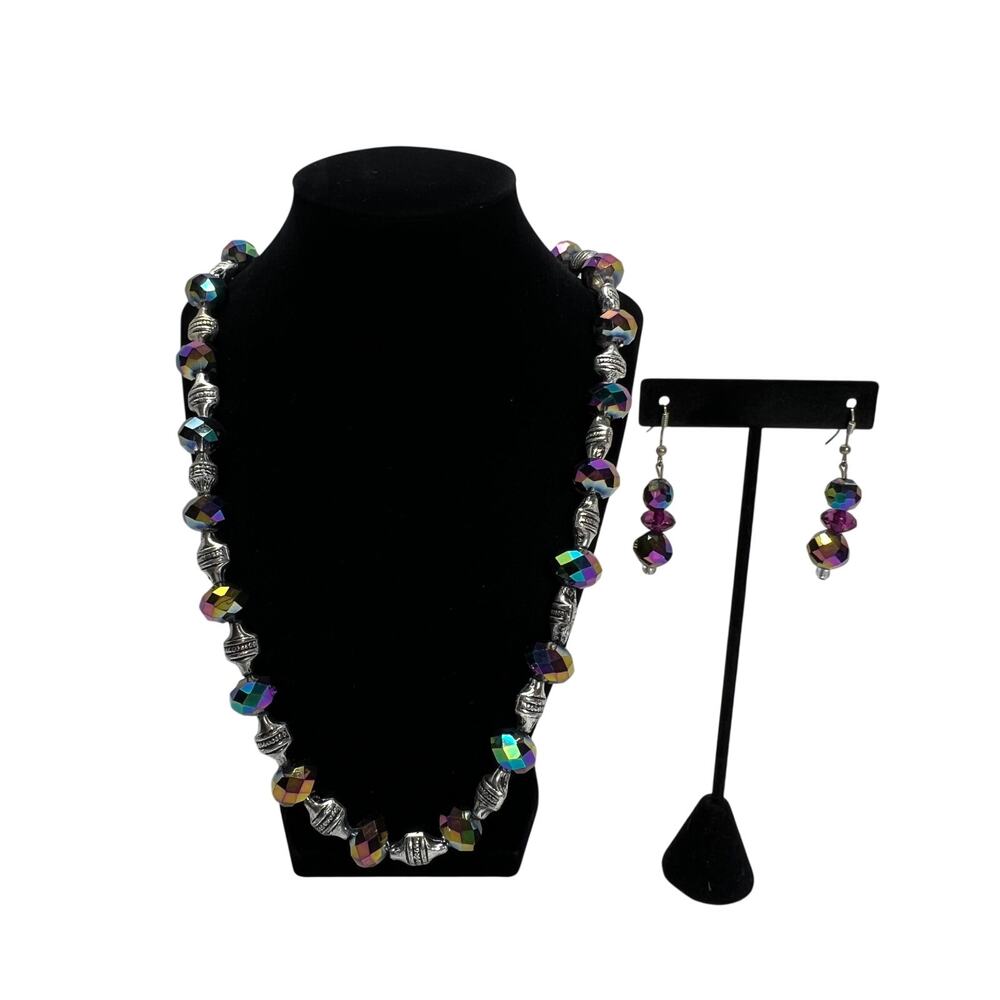 Beaded Necklace Earring Set Womens Multicolor Glass Statement Handmade